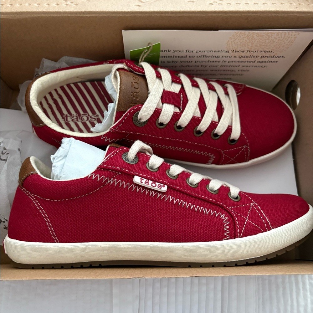 Taos Footwear Red and White Canvas Sneakers with Lace-Up Design